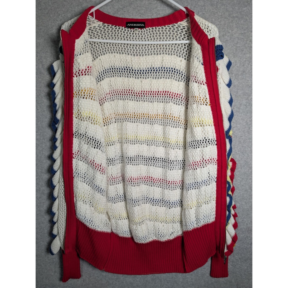 ANDREEVA Crochet Sweater Multi Color Ruffle Open Knit Zip Up Cardigan Medium - Picture 3 of 9